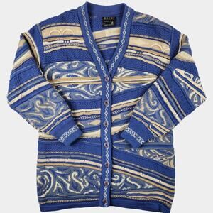 Vintage Coogi 3D Knit Cardigan Sweater Adult Large Blue 100% Wool Australia 90s